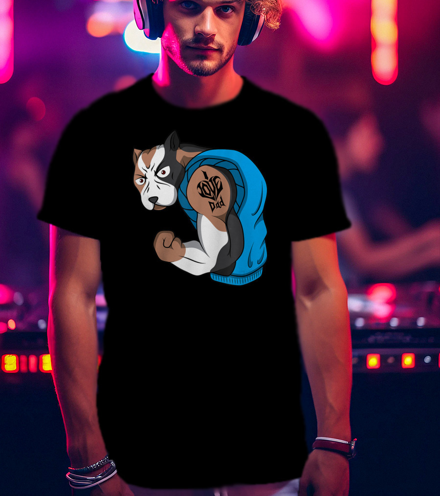 Funny Pit Bull Dog I Love Dad Tattoo Flexing Arm T-Shirt