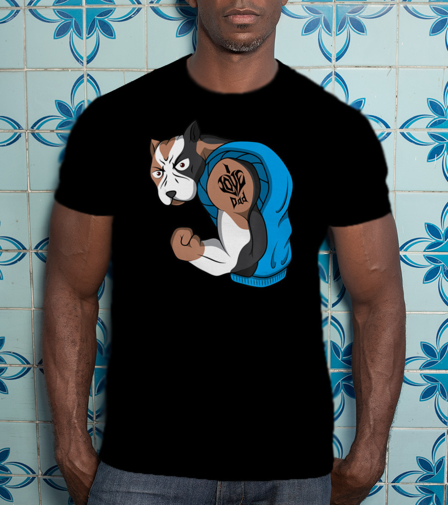 Funny Pit Bull Dog I Love Dad Tattoo Flexing Arm T-Shirt