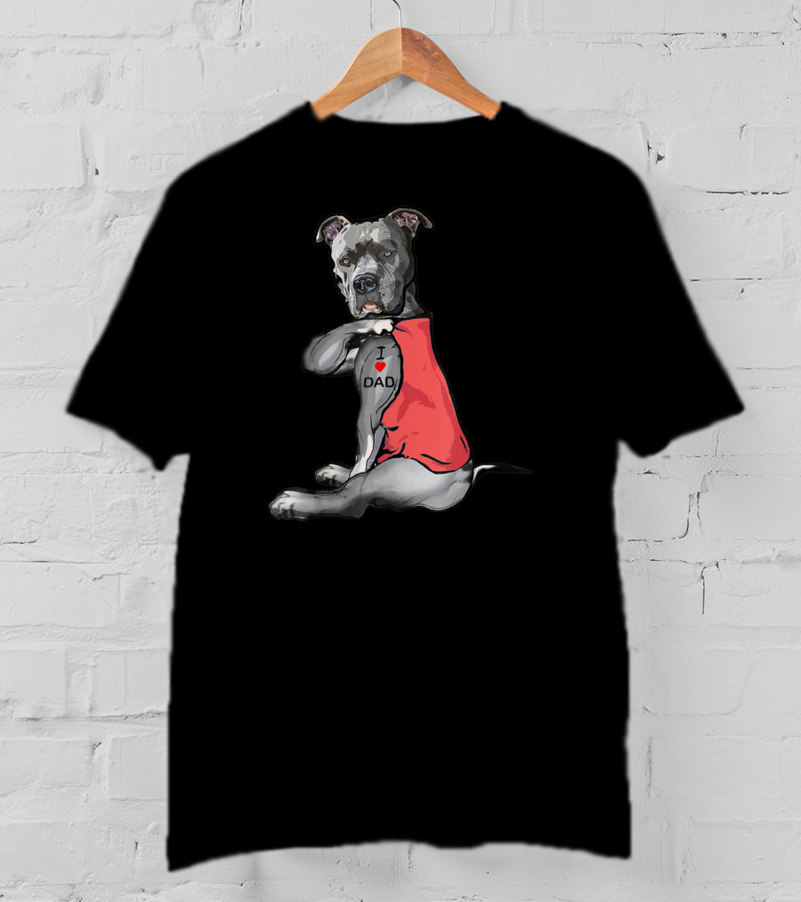 Pitbull Tattoo I Love Dad Red T-Shirt