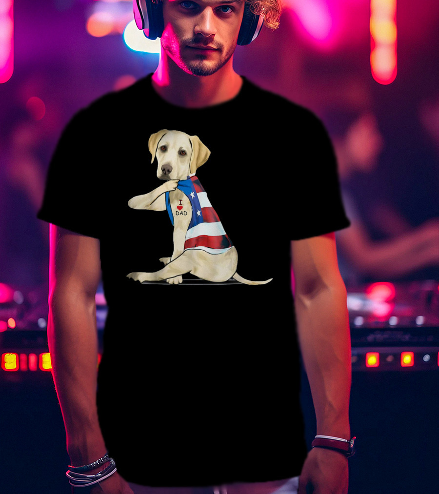 Labrador Retriever I Love Dad American Flag Dog Tattoo T-Shirt
