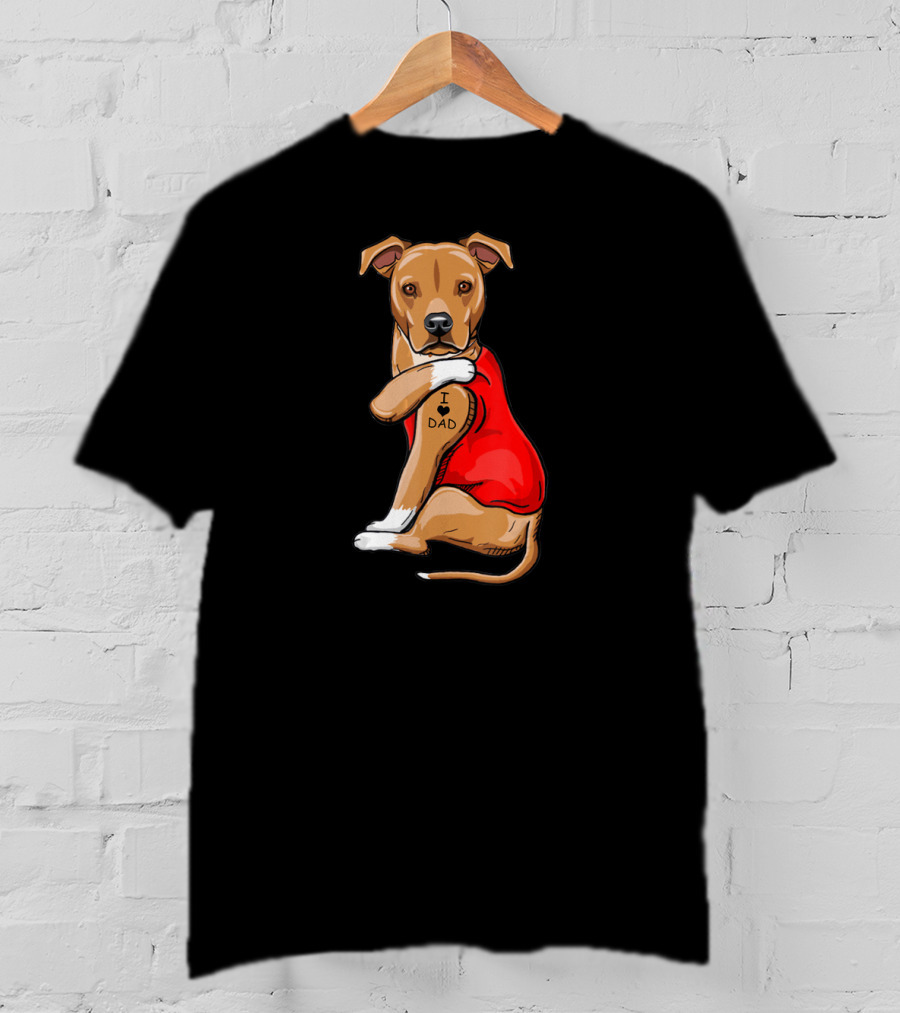 Staffordshire Terrier I Love Dad Tattoo Dog In Red T-Shirt