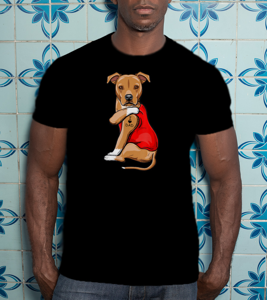 Staffordshire Terrier I Love Dad Tattoo Dog In Red T-Shirt