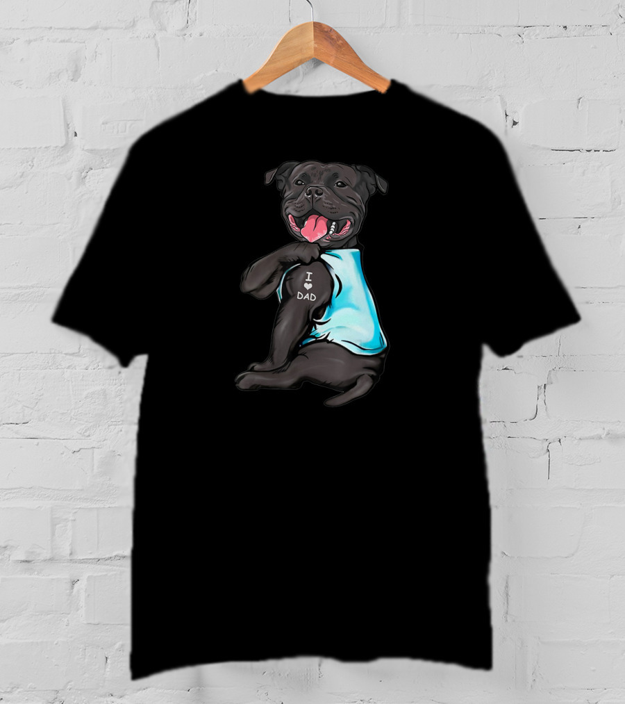 Staffordshire Bull Terrier I Love Dad Dog Blue T-Shirt