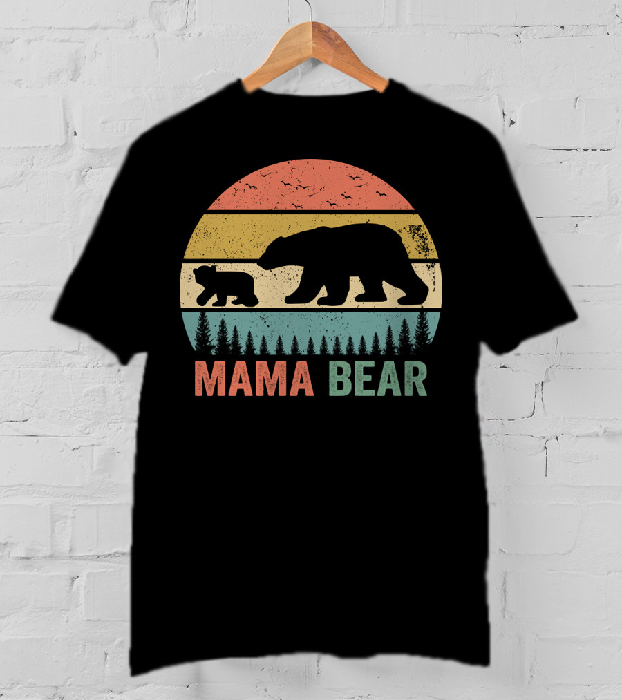Mama Bear With Baby Cub Retro Sunset Silhouette Nature Scene T-Shirt