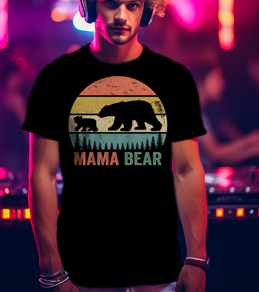 Mama Bear With Baby Cub Retro Sunset Silhouette Nature Scene T-Shirt