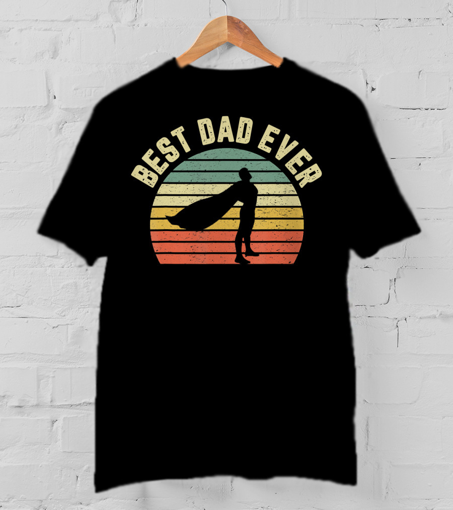 Best Dad Ever Superhero Silhouette Vintage Sunset Stripes T-Shirt