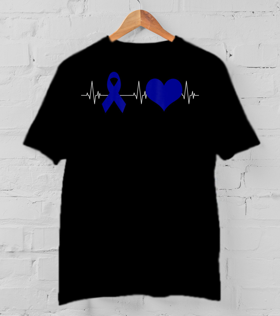 Colon Cancer Awareness Blue Ribbon Heartbeat T-Shirt