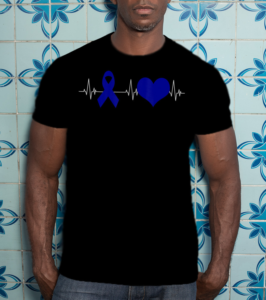 Colon Cancer Awareness Blue Ribbon Heartbeat T-Shirt