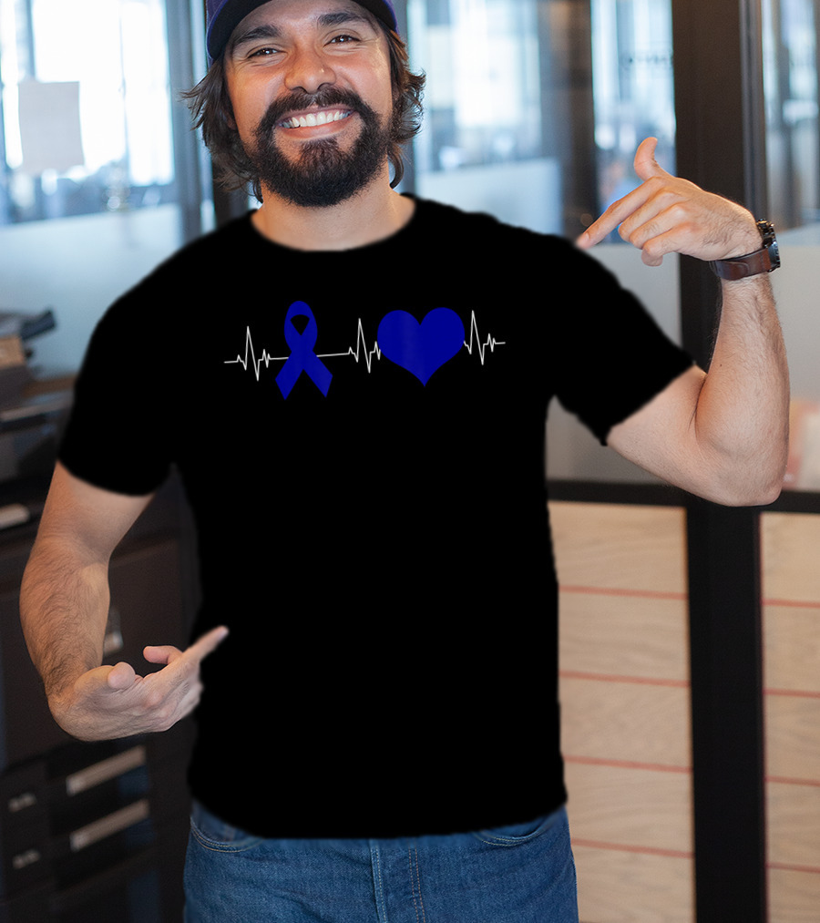 Colon Cancer Awareness Blue Ribbon Heartbeat T-Shirt