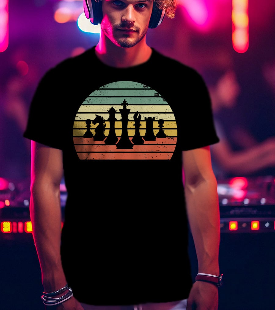 Chess Pieces Retro Sunset Stripes T-Shirt