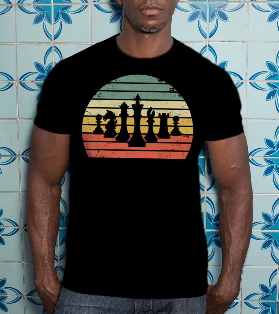 Chess Pieces Retro Sunset Stripes T-Shirt