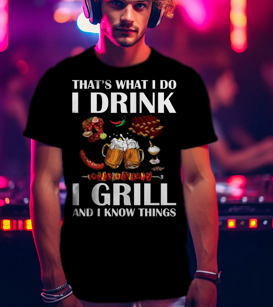 That's What I Do I Drink I Grill And I Know Things Beer BBQ Ribs Garlic Pepper Skewer T-Shirt