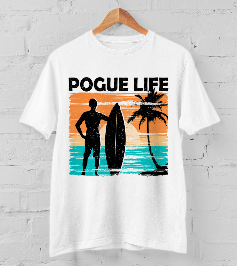 Pogue Life Outer Banks OBX Surf Silhouette Beach Sunset Palm Tree T-Shirt