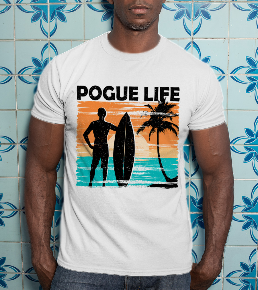 Pogue Life Outer Banks OBX Surf Silhouette Beach Sunset Palm Tree T-Shirt