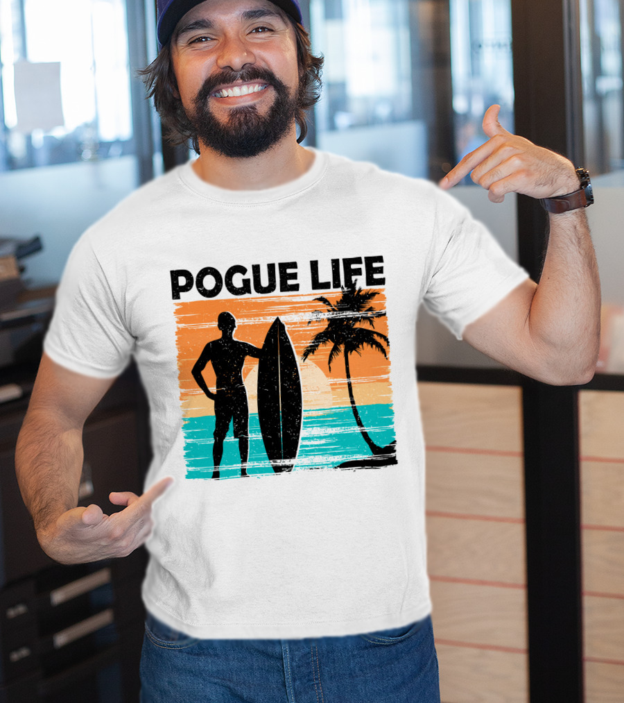 Pogue Life Outer Banks OBX Surf Silhouette Beach Sunset Palm Tree T-Shirt