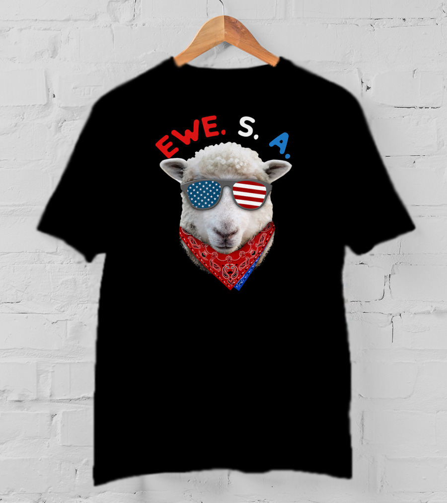 Ewe S A Sheep With USA Flag Sunglasses And Red Bandana T-Shirt