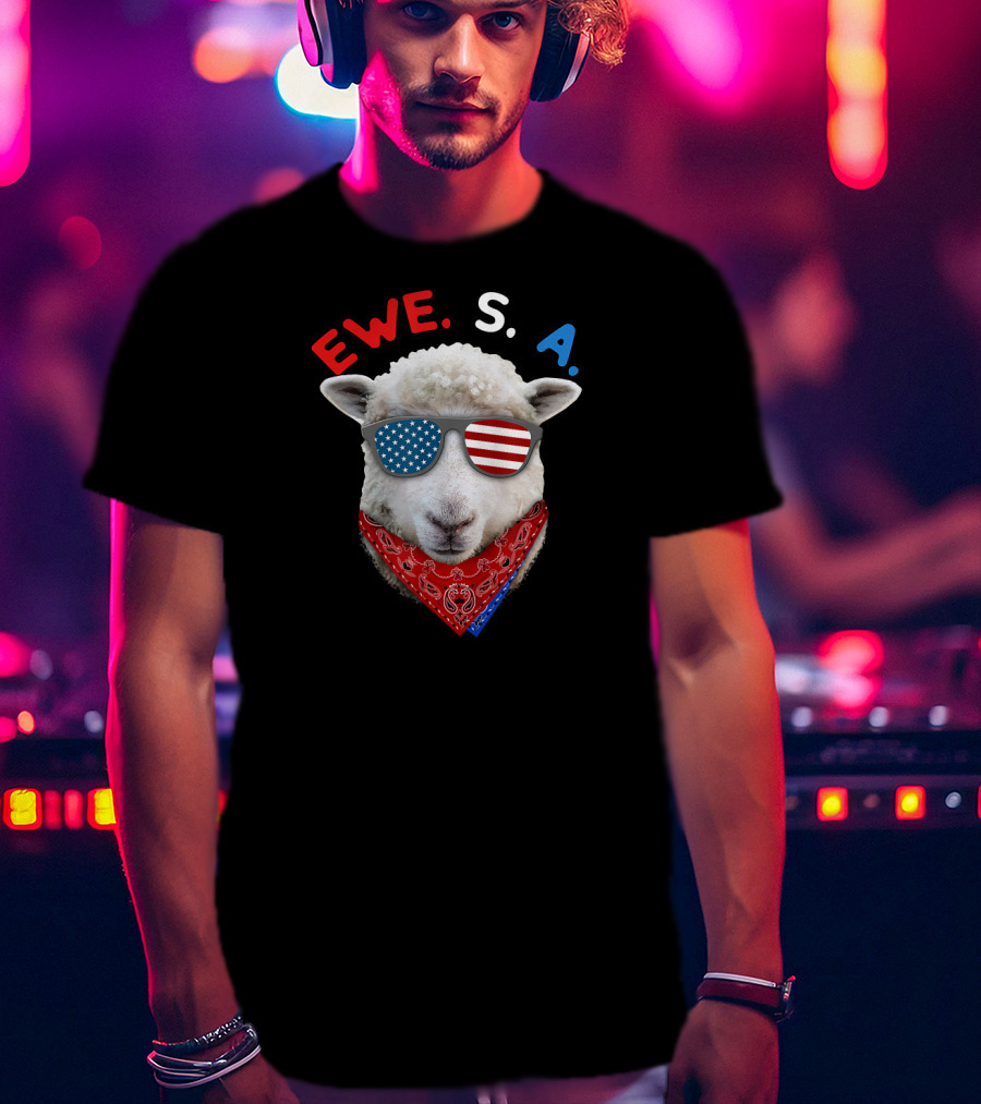 Ewe S A Sheep With USA Flag Sunglasses And Red Bandana T-Shirt
