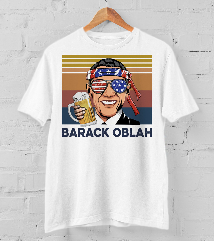 Barack Obama Oblah Drink Vintage USA Flag Headband And Stars Stripes Shades With Beer Mug T-Shirt