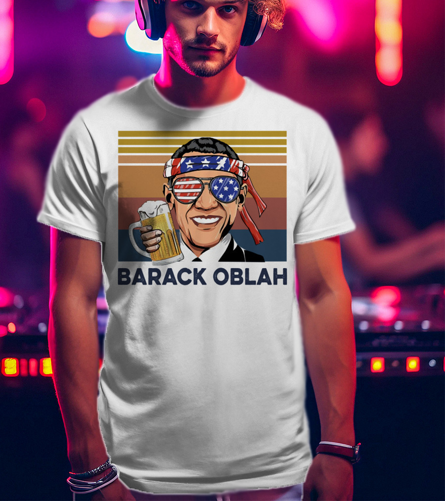 Barack Obama Oblah Drink Vintage USA Flag Headband And Stars Stripes Shades With Beer Mug T-Shirt