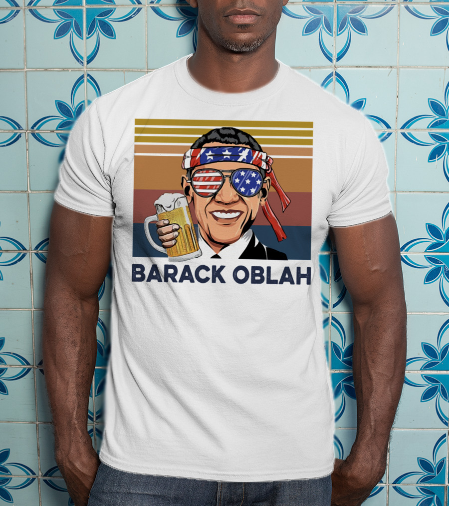 Barack Obama Oblah Drink Vintage USA Flag Headband And Stars Stripes Shades With Beer Mug T-Shirt