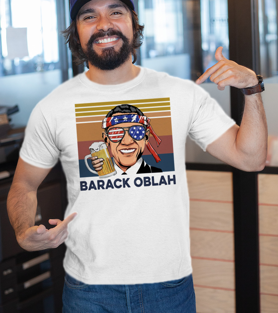 Barack Obama Oblah Drink Vintage USA Flag Headband And Stars Stripes Shades With Beer Mug T-Shirt