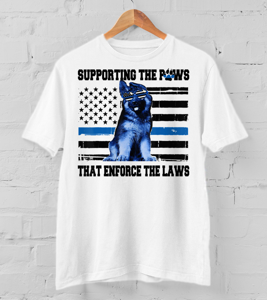 Supporting The Paws That Enforce The Laws Police Dog American Flag Sunglasses T-Shirt