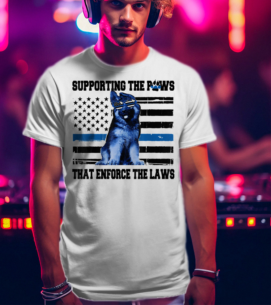 Supporting The Paws That Enforce The Laws Police Dog American Flag Sunglasses T-Shirt