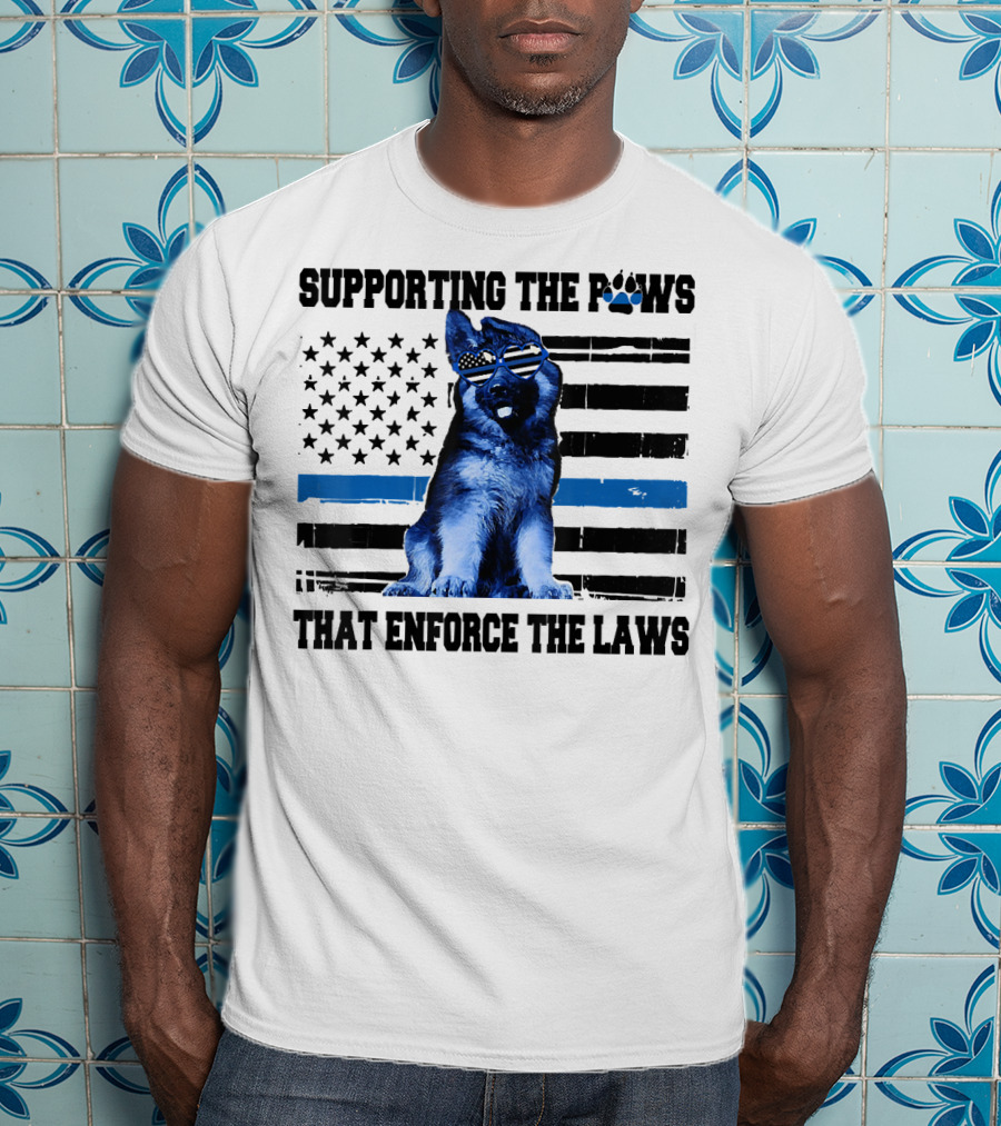 Supporting The Paws That Enforce The Laws Police Dog American Flag Sunglasses T-Shirt