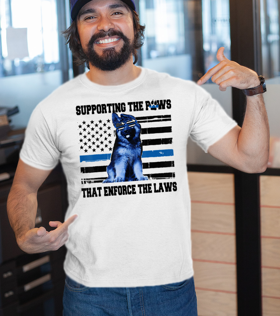 Supporting The Paws That Enforce The Laws Police Dog American Flag Sunglasses T-Shirt