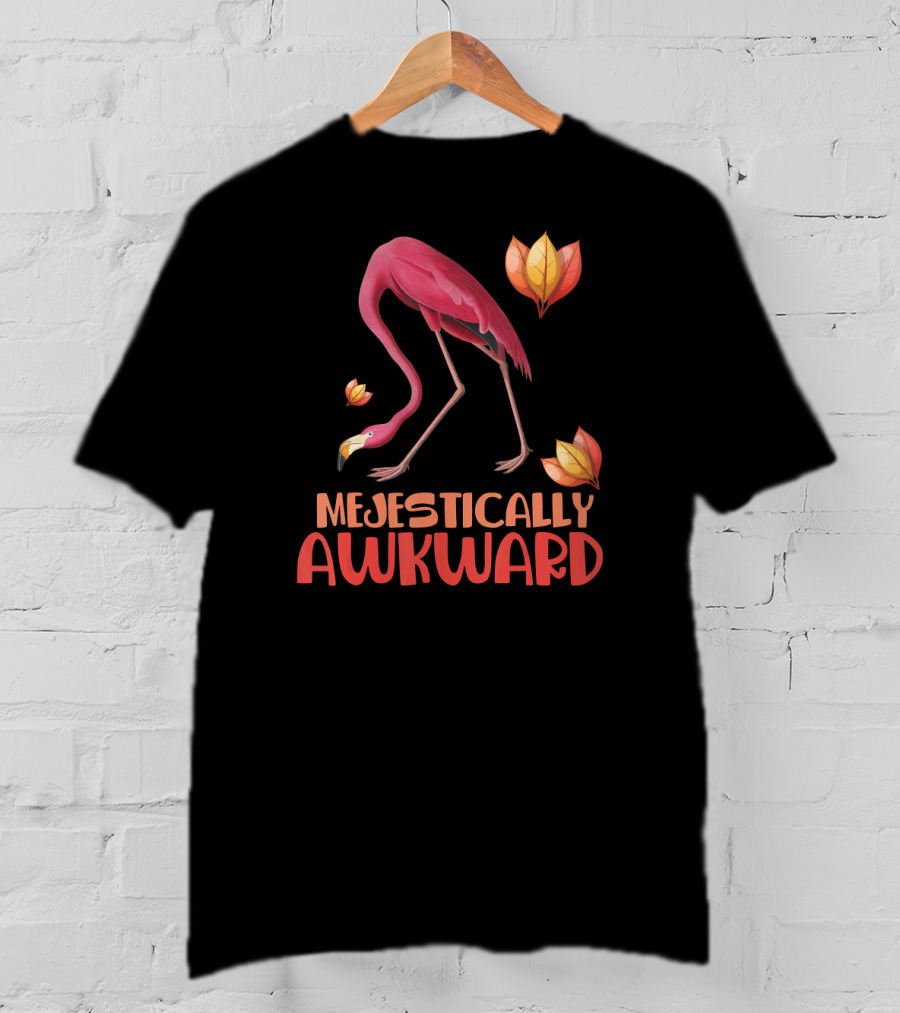 Majestically Awkward Flamingo With Colorful Leaves T-Shirt
