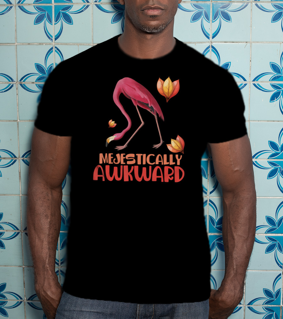 Majestically Awkward Flamingo With Colorful Leaves T-Shirt