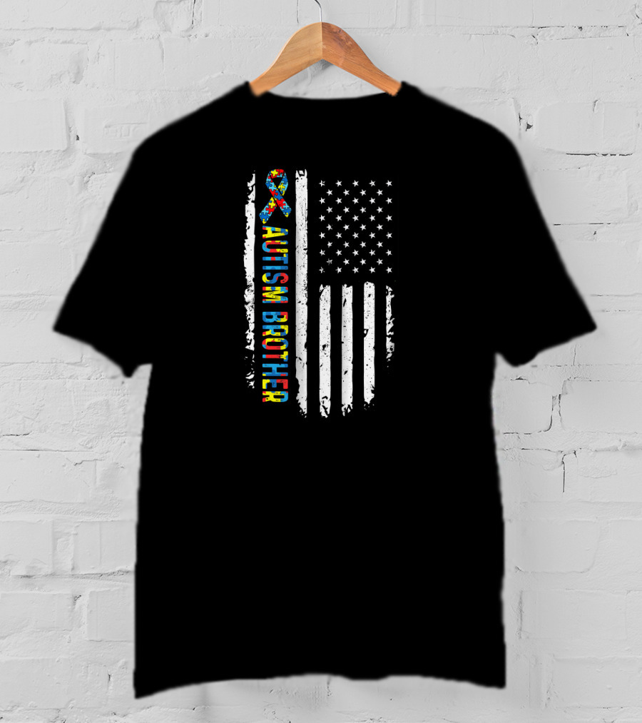 Autism Brother USA Flag Puzzle Ribbon Awareness T-Shirt