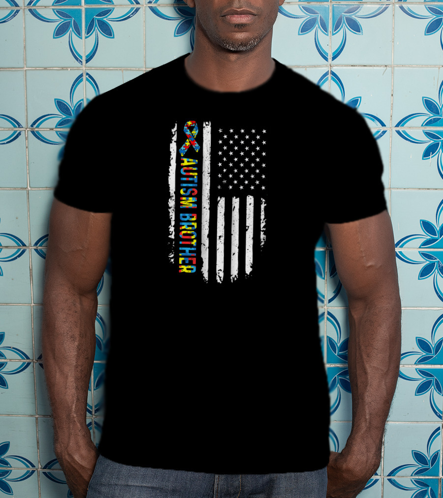 Autism Brother USA Flag Puzzle Ribbon Awareness T-Shirt