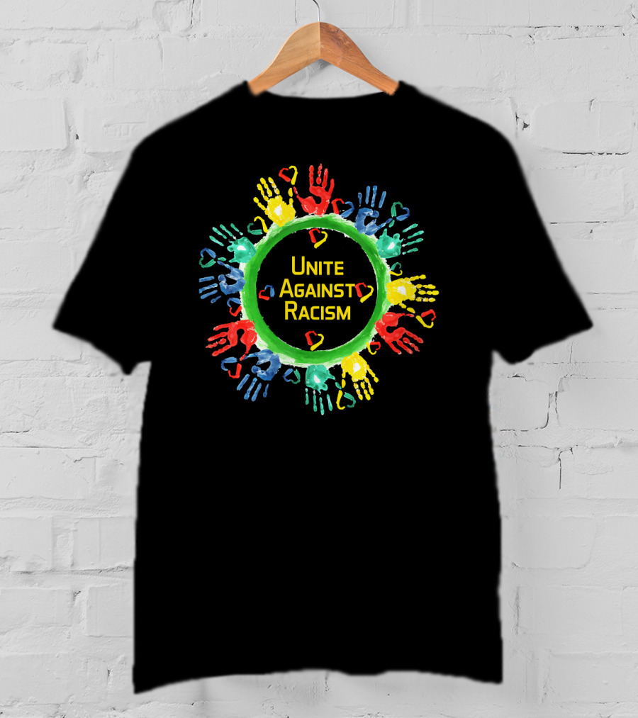 Unite Against Racism Colorful Handprints Circle With Hearts T-Shirt