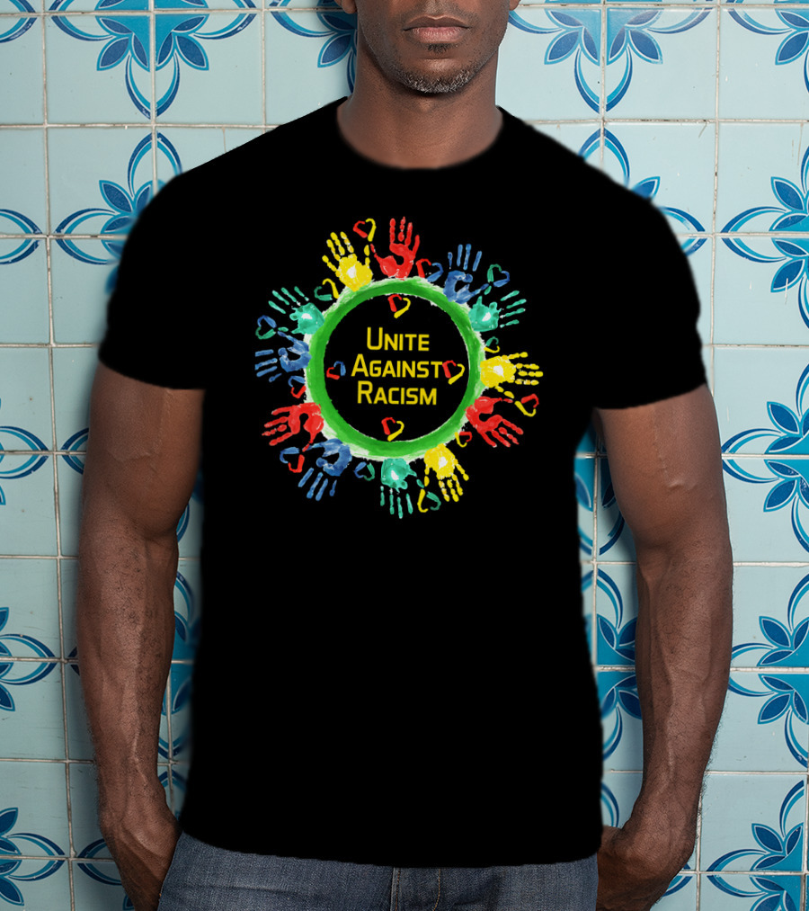 Unite Against Racism Colorful Handprints Circle With Hearts T-Shirt