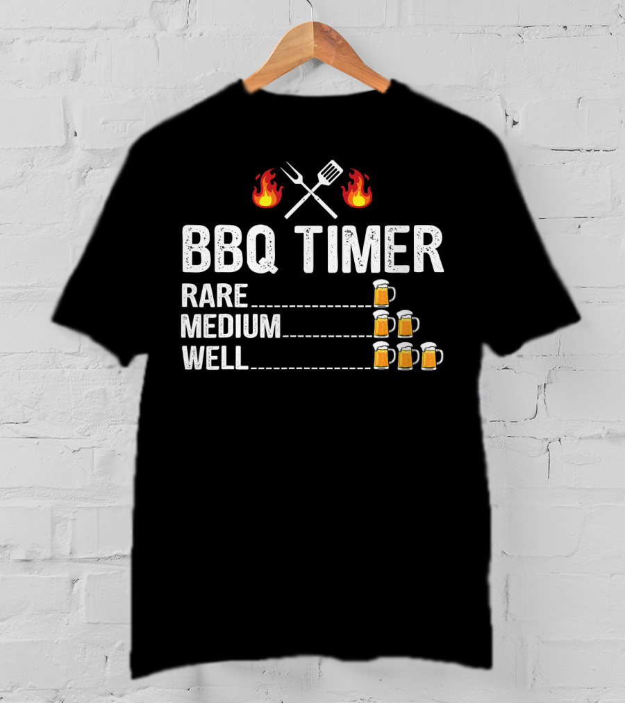 BBQ Timer Rare Medium Well Beer Flames Fork Spatula Mugs T-Shirt