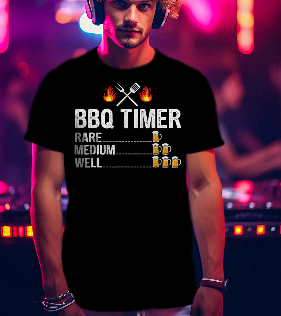 BBQ Timer Rare Medium Well Beer Flames Fork Spatula Mugs T-Shirt
