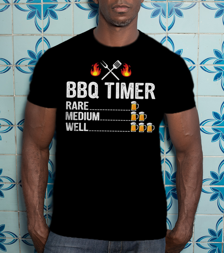BBQ Timer Rare Medium Well Beer Flames Fork Spatula Mugs T-Shirt