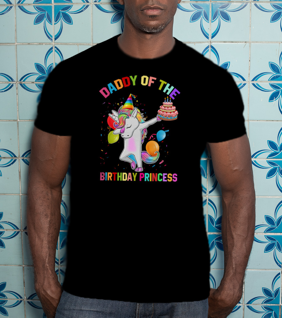 Daddy Of The Birthday Princess Unicorn Holding Cake With Party Hat And Confetti T-Shirt