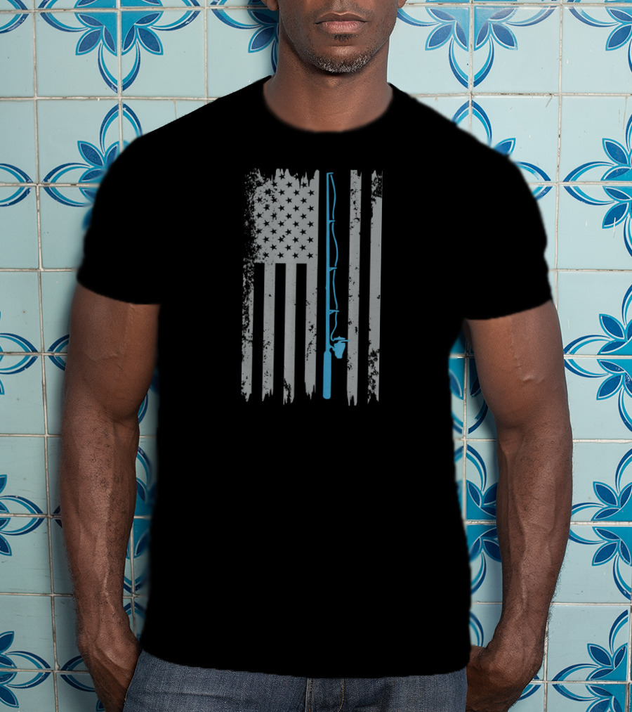 Vintage USA Flag Fishing Rod T-Shirt