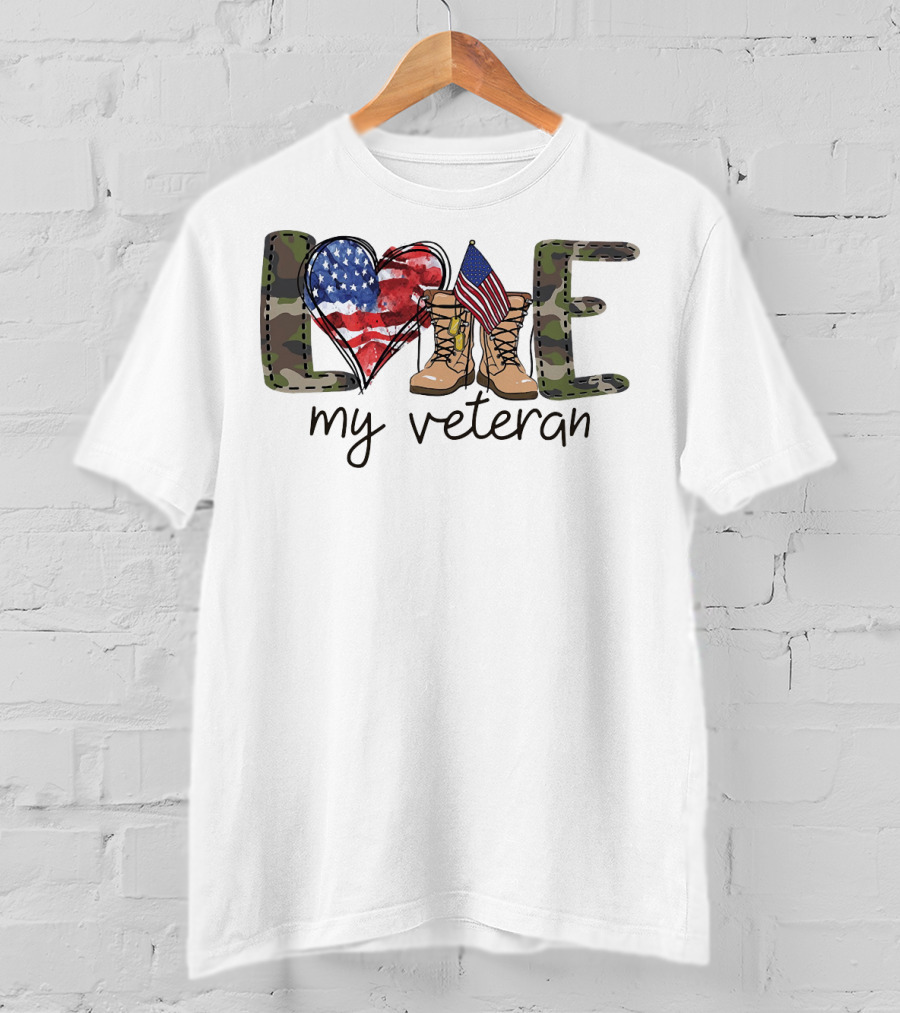 Love Camouflage Heart Boots American Flag My Veteran T-Shirt