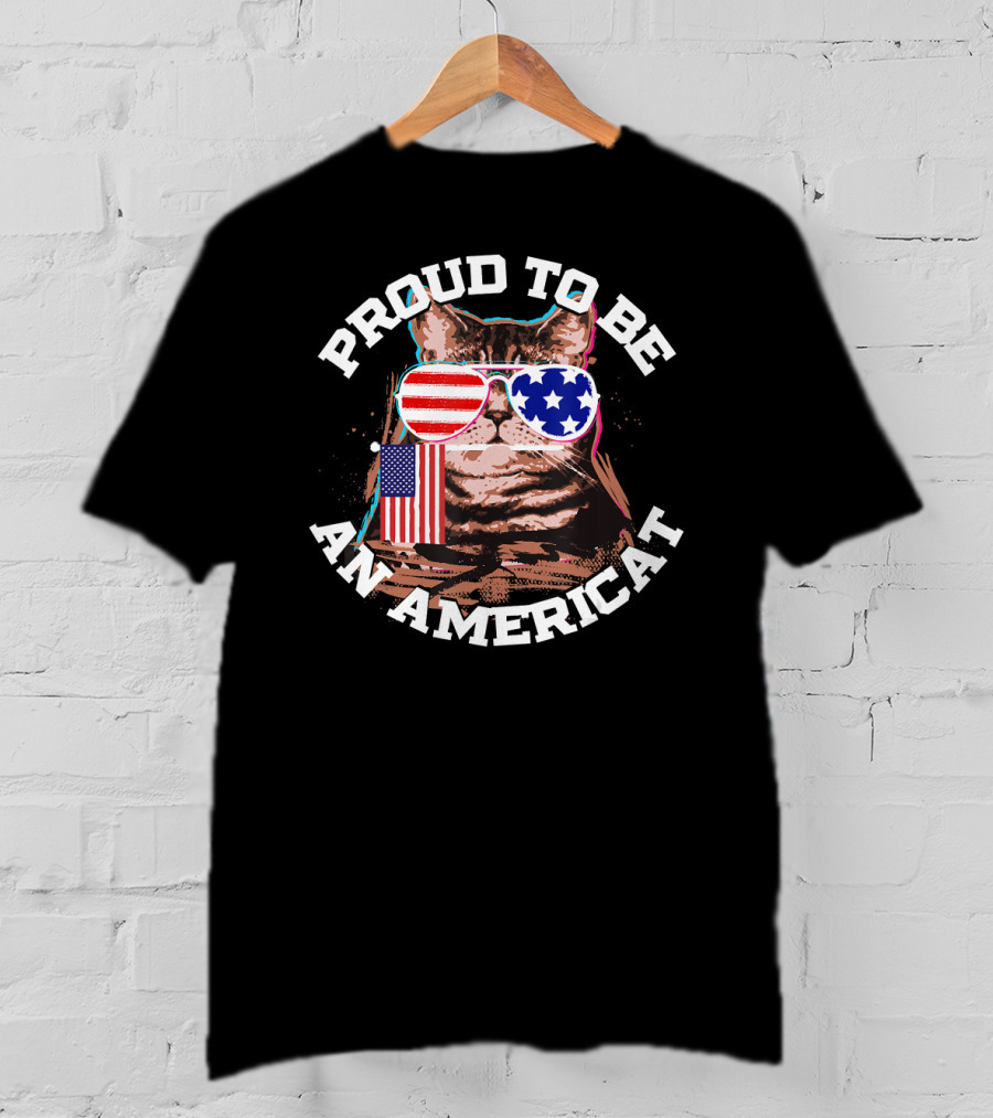 Proud To Be An Americat Cat US Flag Sunglasses T-Shirt