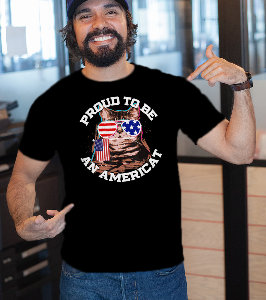 Proud To Be An Americat Cat US Flag Sunglasses T-Shirt