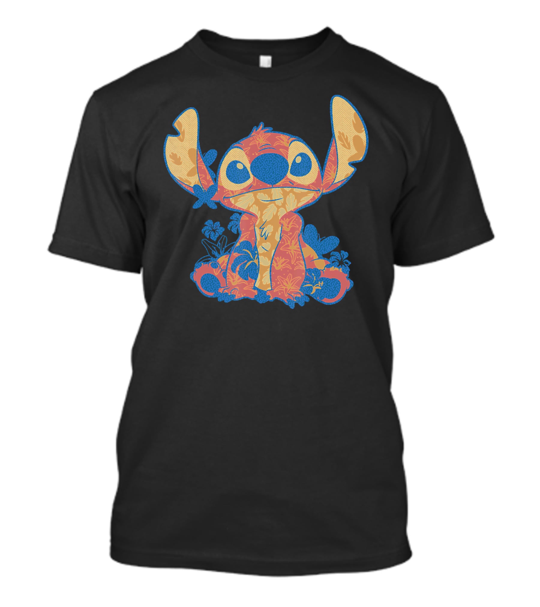 Disney Lilo Stitch Orange Blue Hawaiian Floral T-Shirt