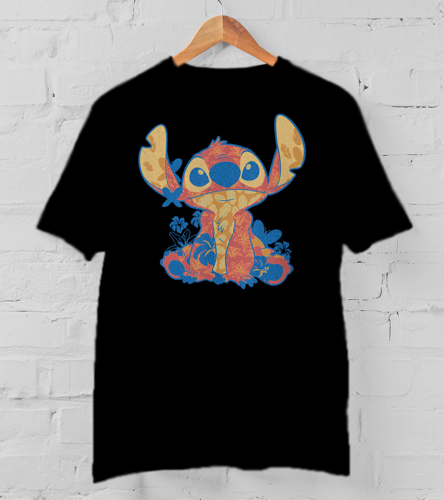 Disney Lilo Stitch Orange Blue Hawaiian Floral T-Shirt