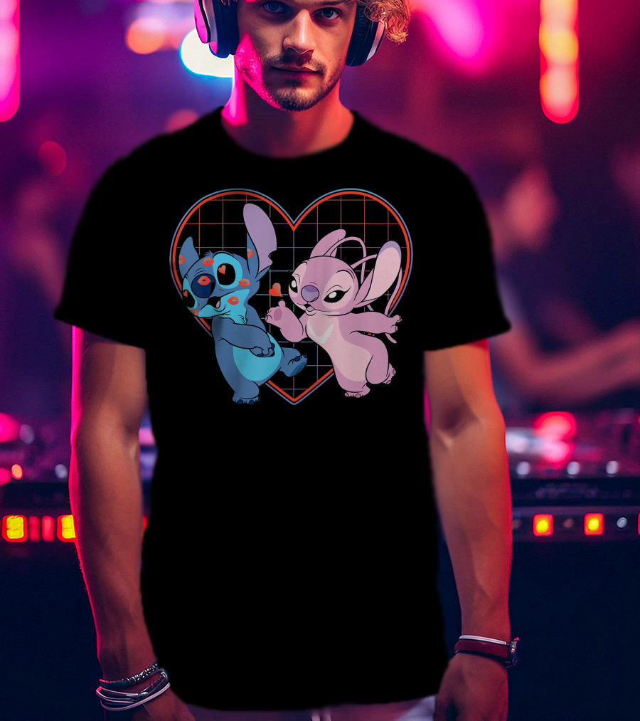 Disney Lilo And Stitch Angel Heart Grid Love T-Shirt