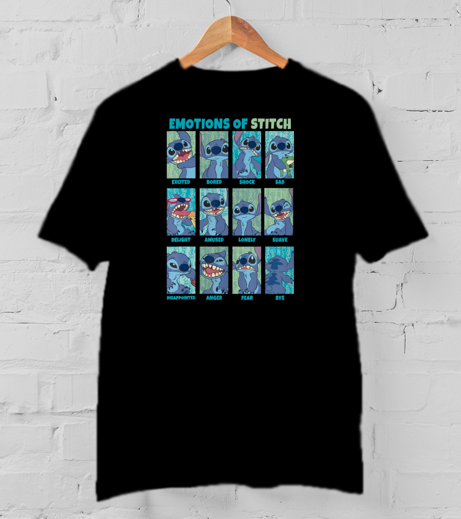 Disney Lilo And Stitch Excited Bored Shock Sad Delight Amused Lonely Suave Disappointed Anger Fear Bye Emotions Of Stitch T-Shirt