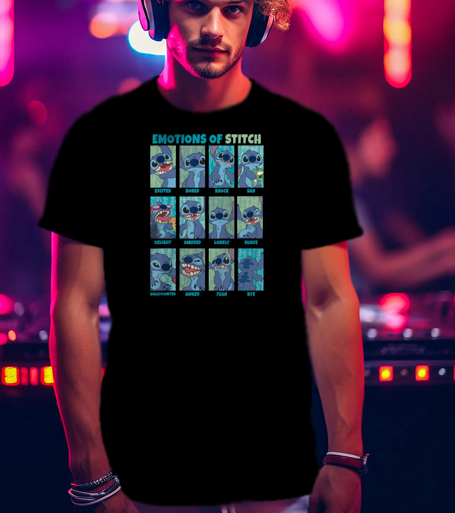 Disney Lilo And Stitch Excited Bored Shock Sad Delight Amused Lonely Suave Disappointed Anger Fear Bye Emotions Of Stitch T-Shirt