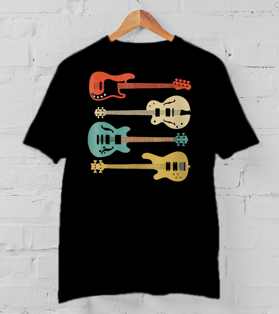 Vintage Retro Bass Guitar Bassist Player Colorful Guitar Collection T-Shirt
