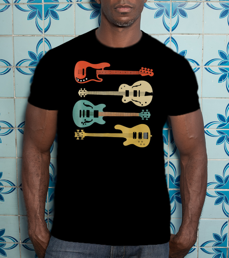 Vintage Retro Bass Guitar Bassist Player Colorful Guitar Collection T-Shirt